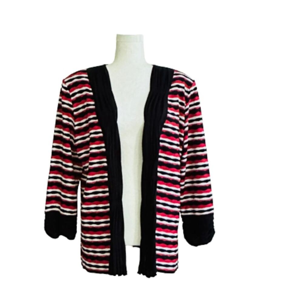 Toula Cardigan Sweater Black Red White Ruched 3/4 Sleeve Open Front Large